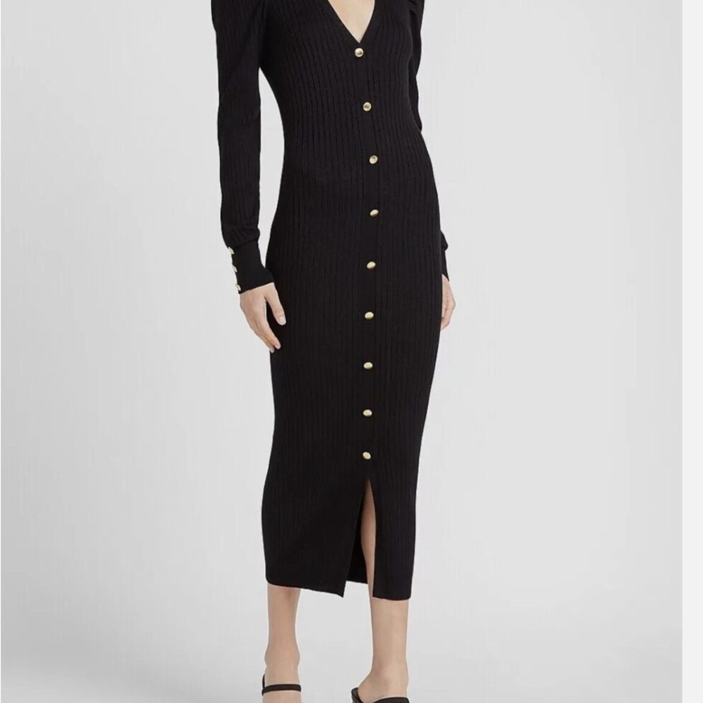 EXPRESS BLACK RIB PUFF SLEEVE BUTTON SWEATER DRESS MIDI long sleeve